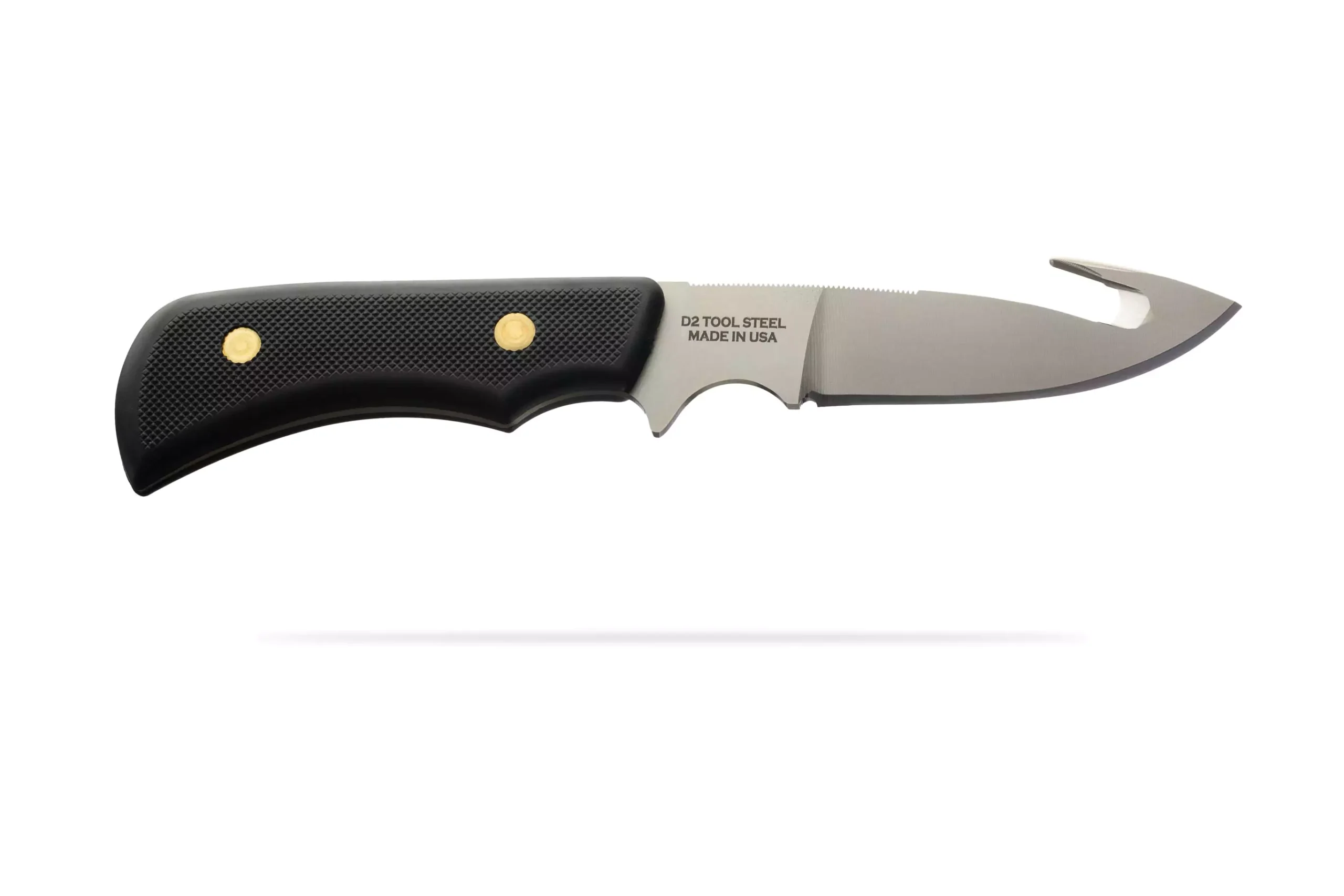 Trekker Whitetail knife with Suregrip black handle and gut hook blade.