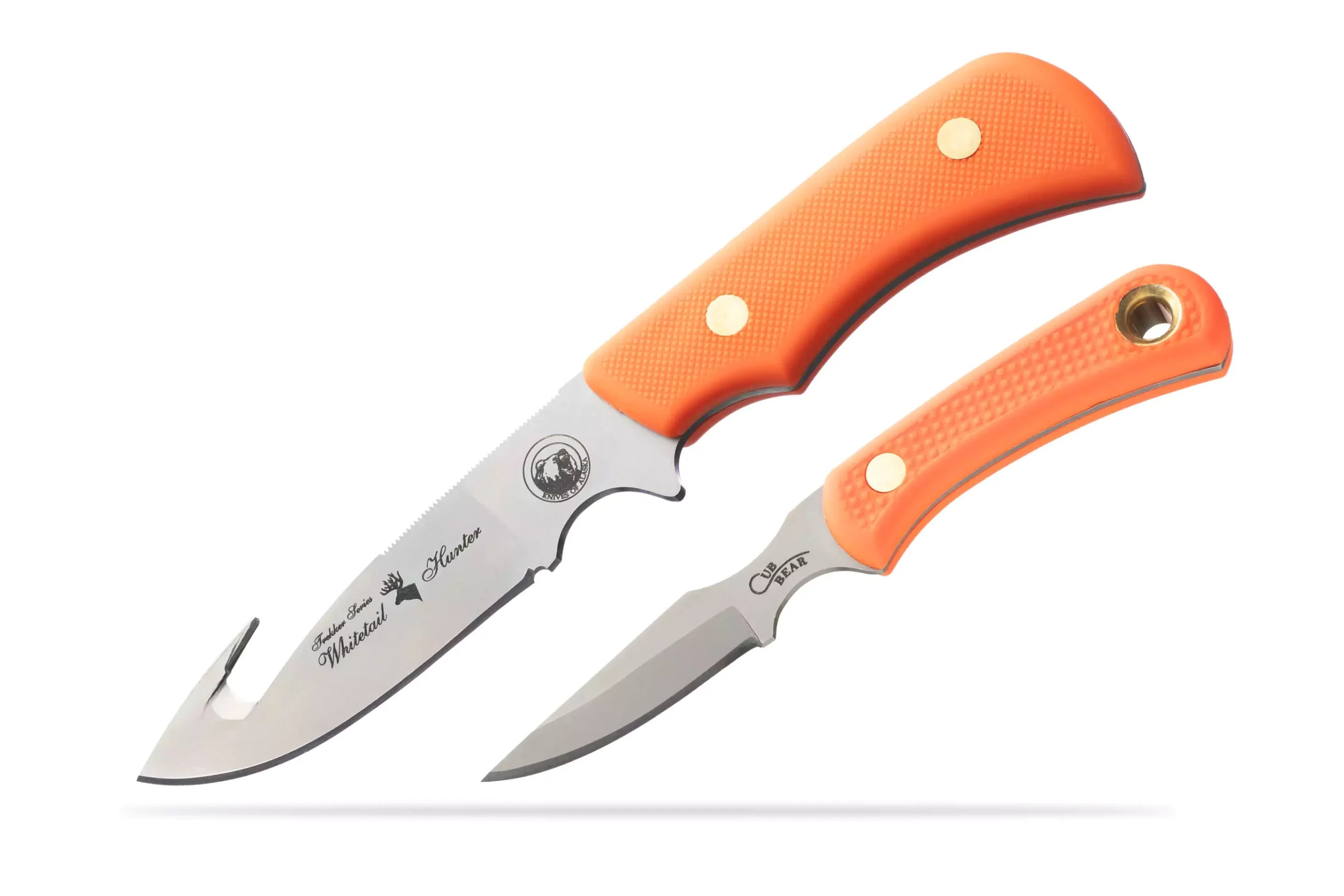 Knives of Alaska Trekker Whitetail Hunter and Cub Bear knives displayed side by side.