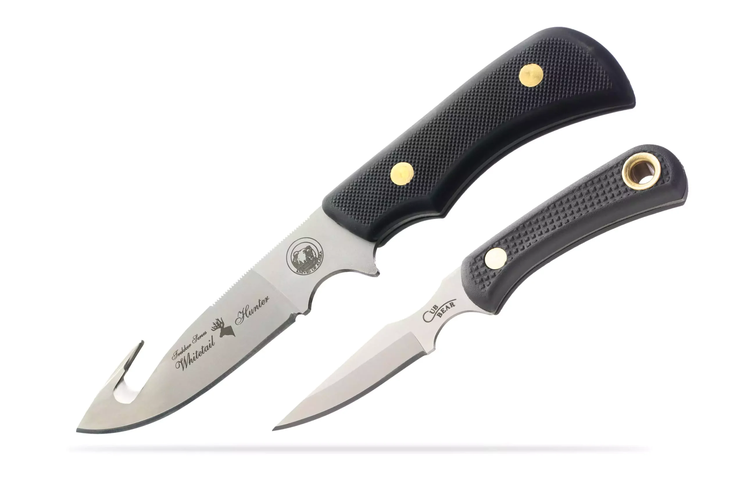 Knives of Alaska Trekker Whitetail Hunter and Cub Bear knives displayed side by side.