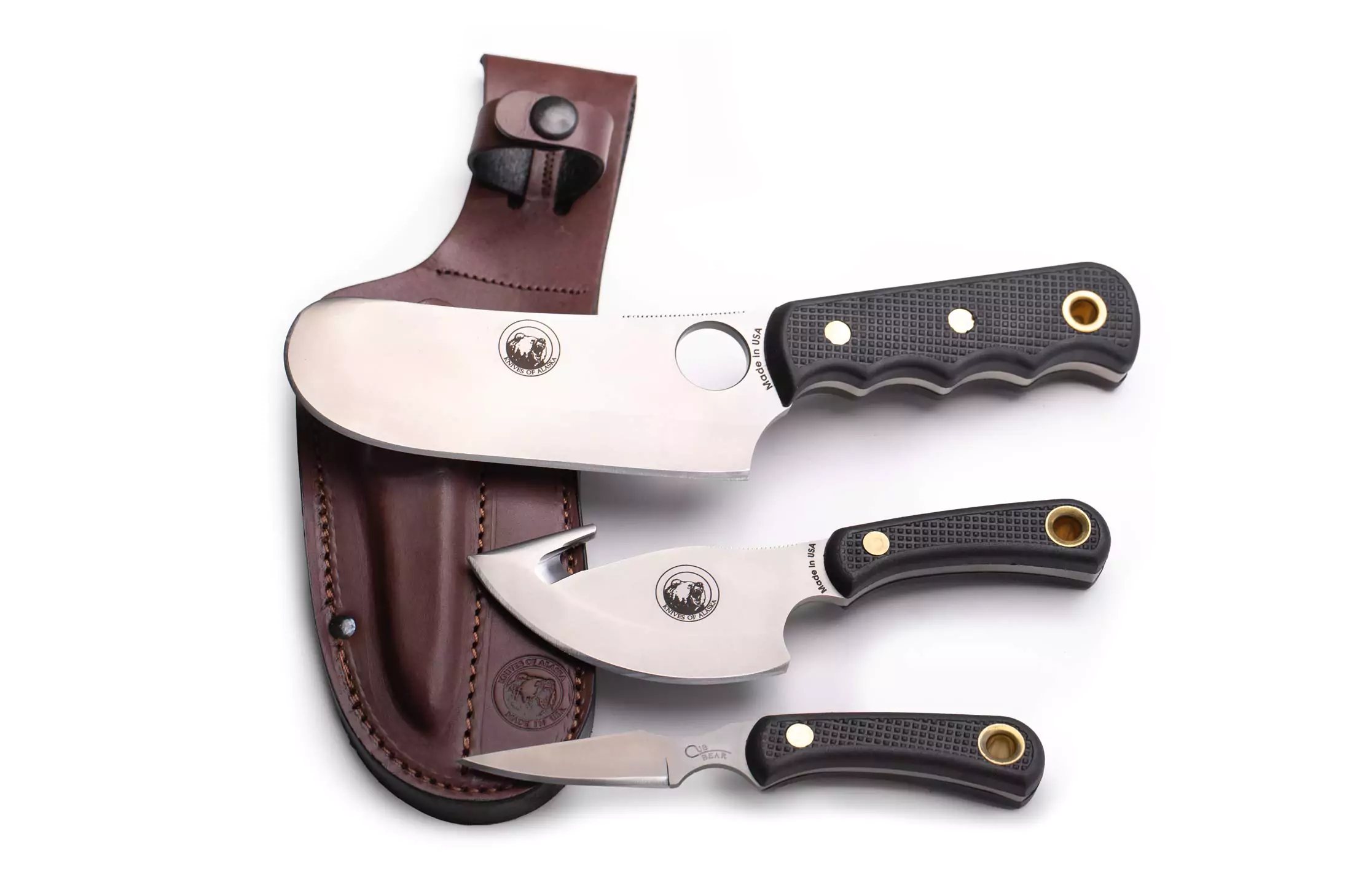 Knives of Alaska Stag Triple Combo set showing Brown Bear Skinner/Cleaver, Light Hunter, and Cub Bear Caping Knife with stag handles.