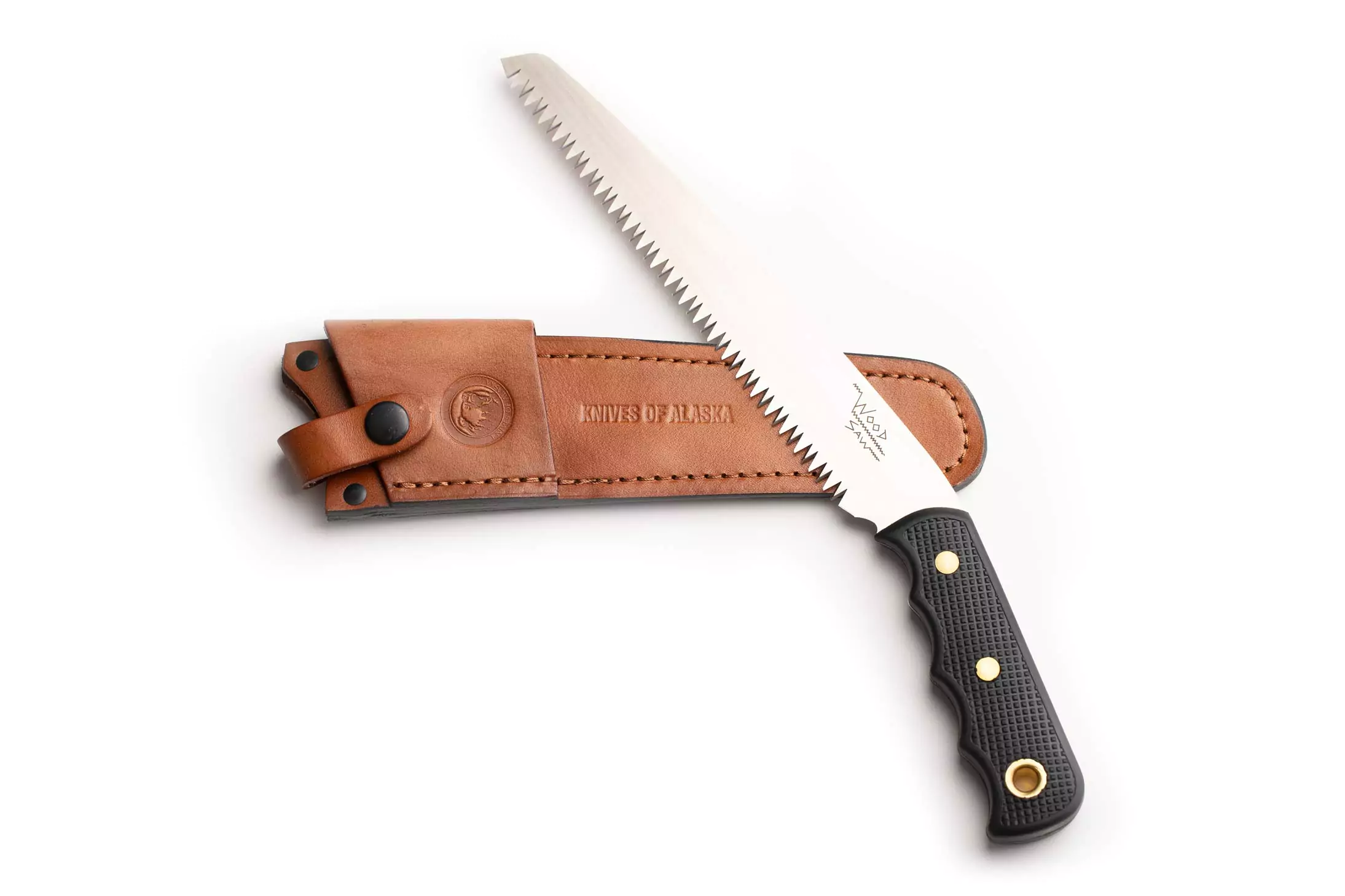 Knives of Alaska Wood Saw with textured handle and SK5 steel blade.