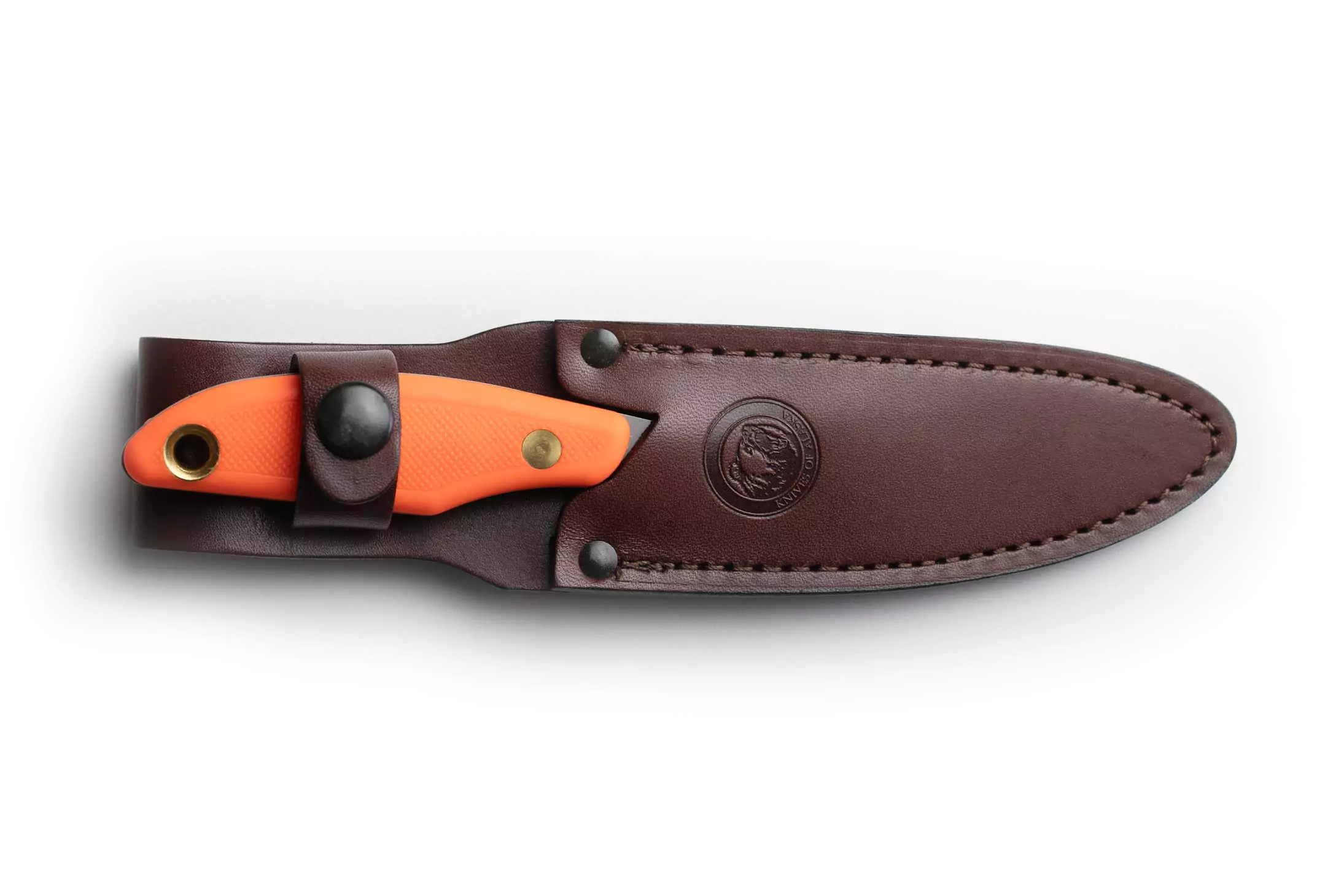 Knives of Alaska Yukon SureGrip knife secured in a brown leather sheath.