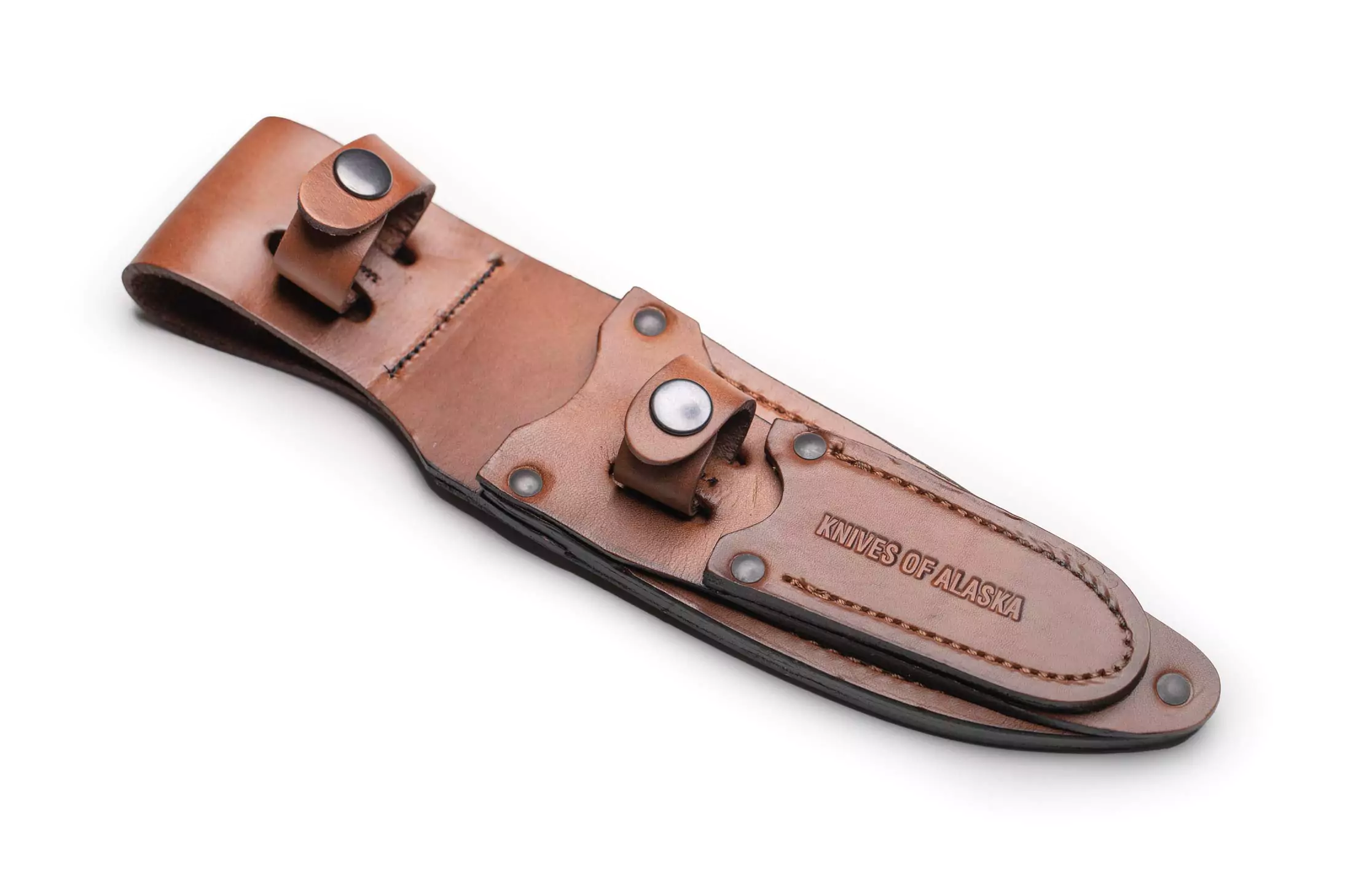 Replacement leather sheath for Knives of Alaska Bush Camp and Muskrat combo knives.