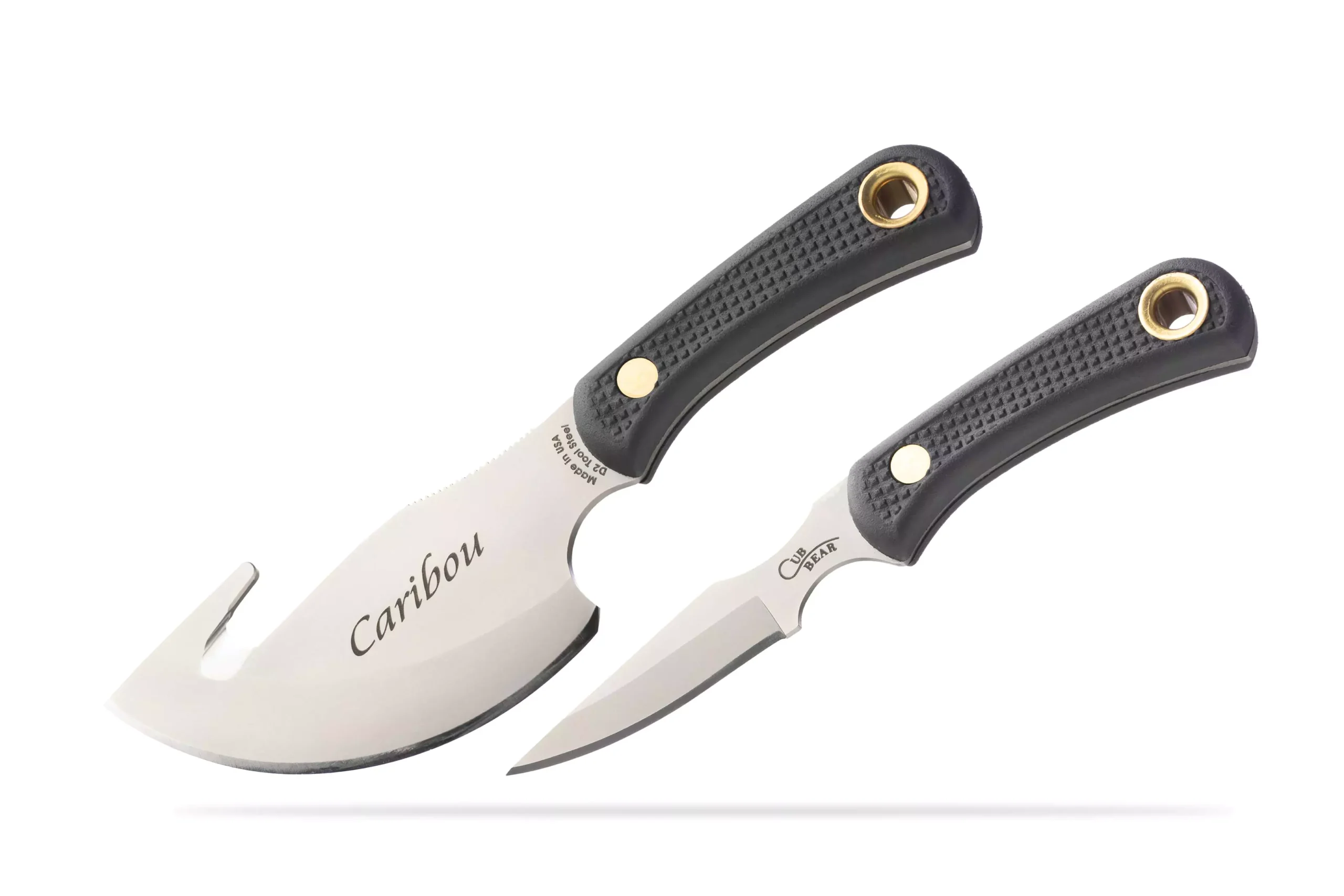 Knives of Alaska Caribou and Cub Bear knife combo with black Suregrip handles.