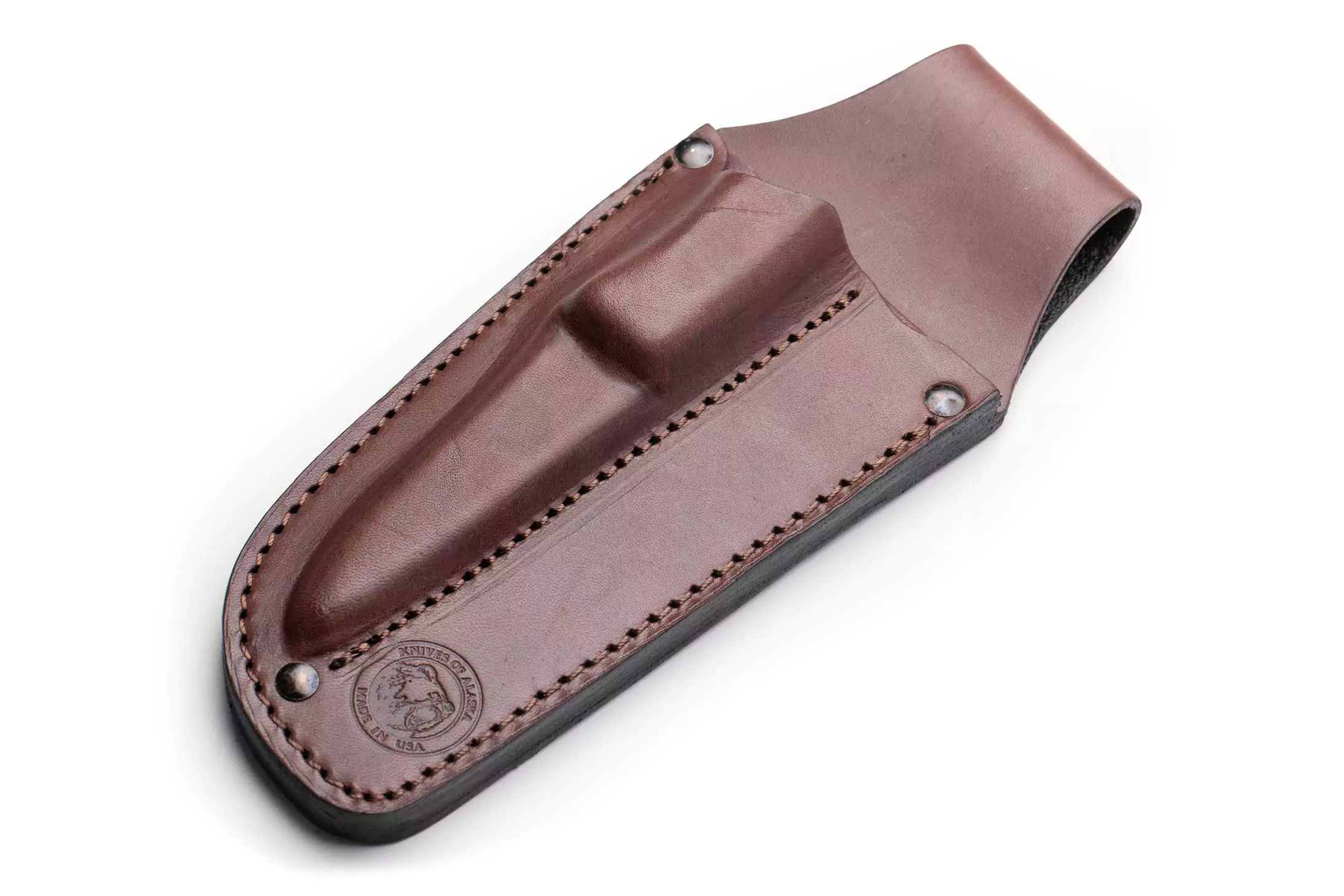 Brown leather knife sheath with stamped Knives of Alaska logo, designed for Caribou/Cub combo set.