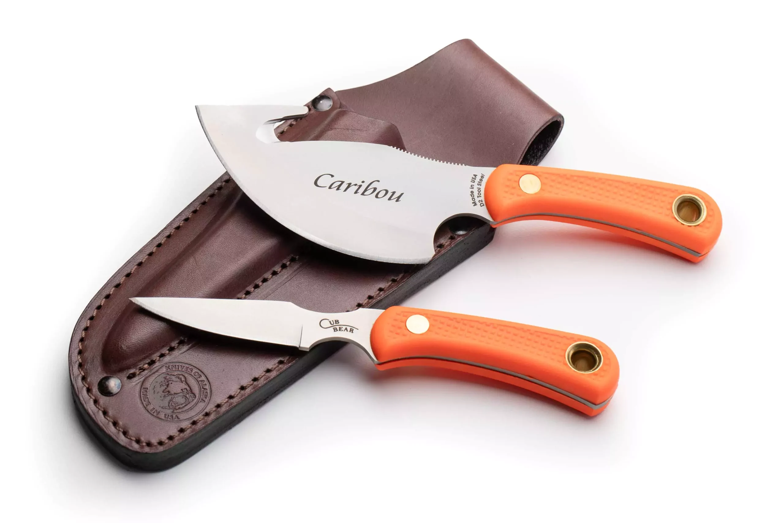 Caribou and Cub Bear knife combo with orange Suregrip handles and brown leather sheath from Knives of Alaska.