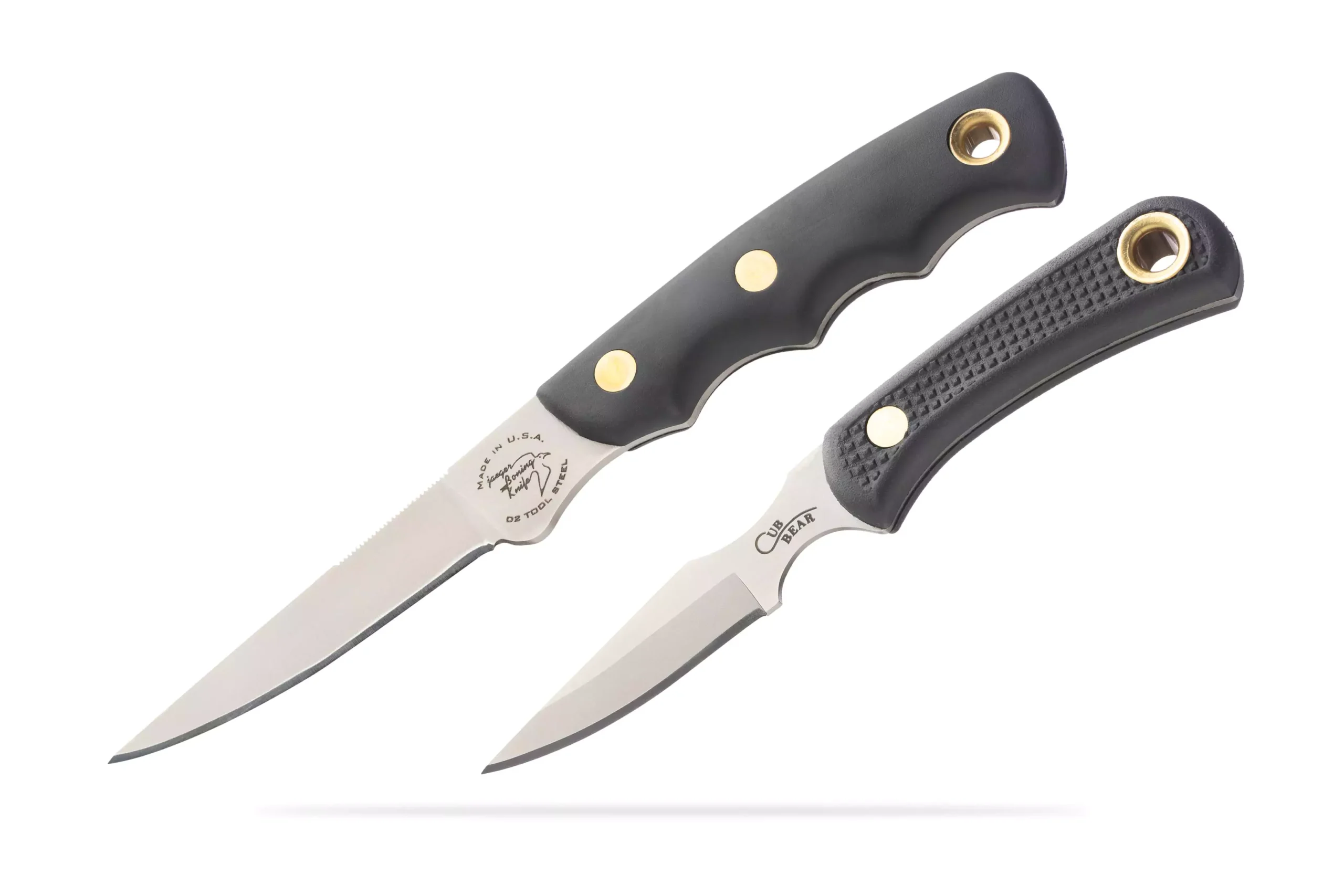 Knives of Alaska Jaeger and Cub Bear combo knives with black Suregrip handles displayed on a white background.