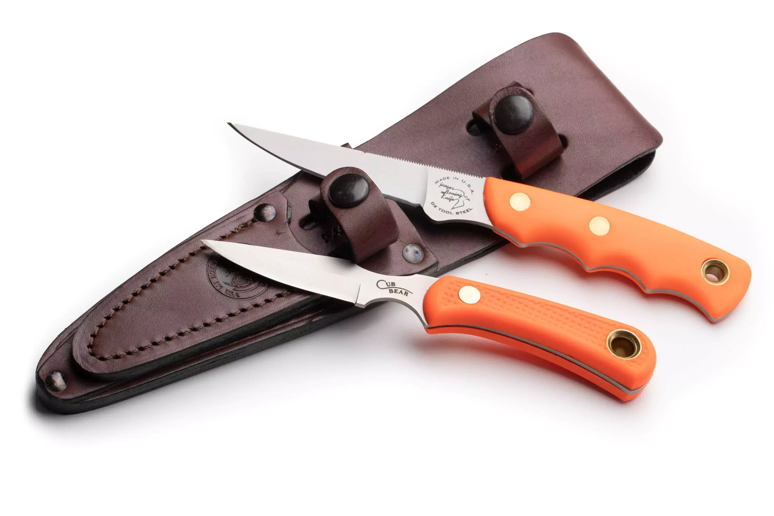 Knives of Alaska Jaeger and Cub Bear combo knives with black Suregrip handles displayed on a white background.