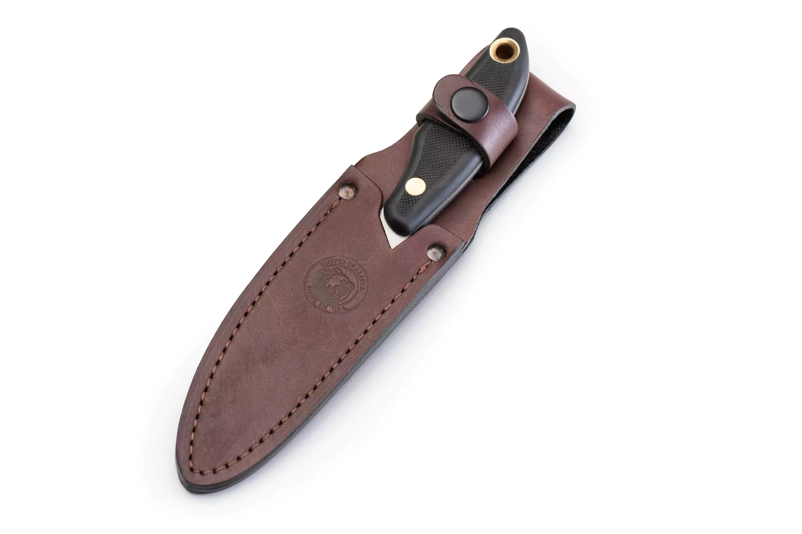 Knives of Alaska Badger knife with black SureGrip handle secured in a brown leather sheath.