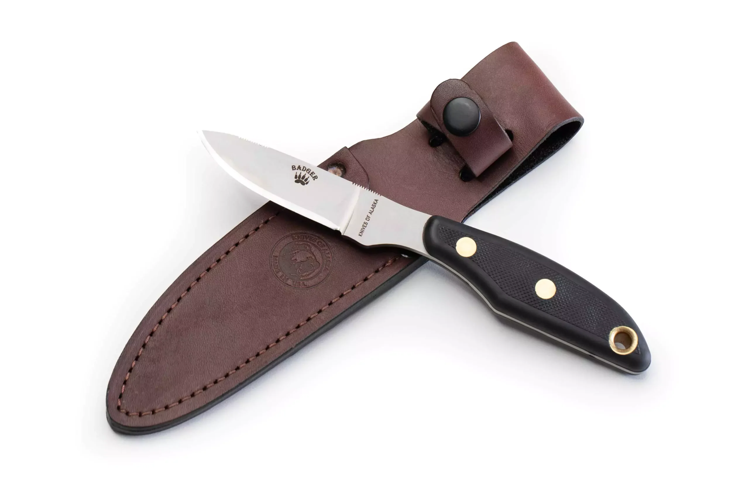 Knives of Alaska Badger knife with black SureGrip handle and brown leather sheath.