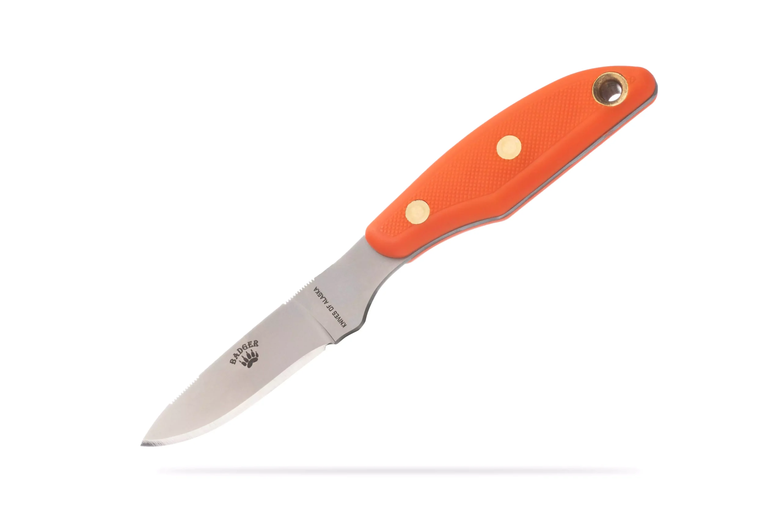 Knives of Alaska Badger knife featuring orange SureGrip handle and D2 tool steel blade.
