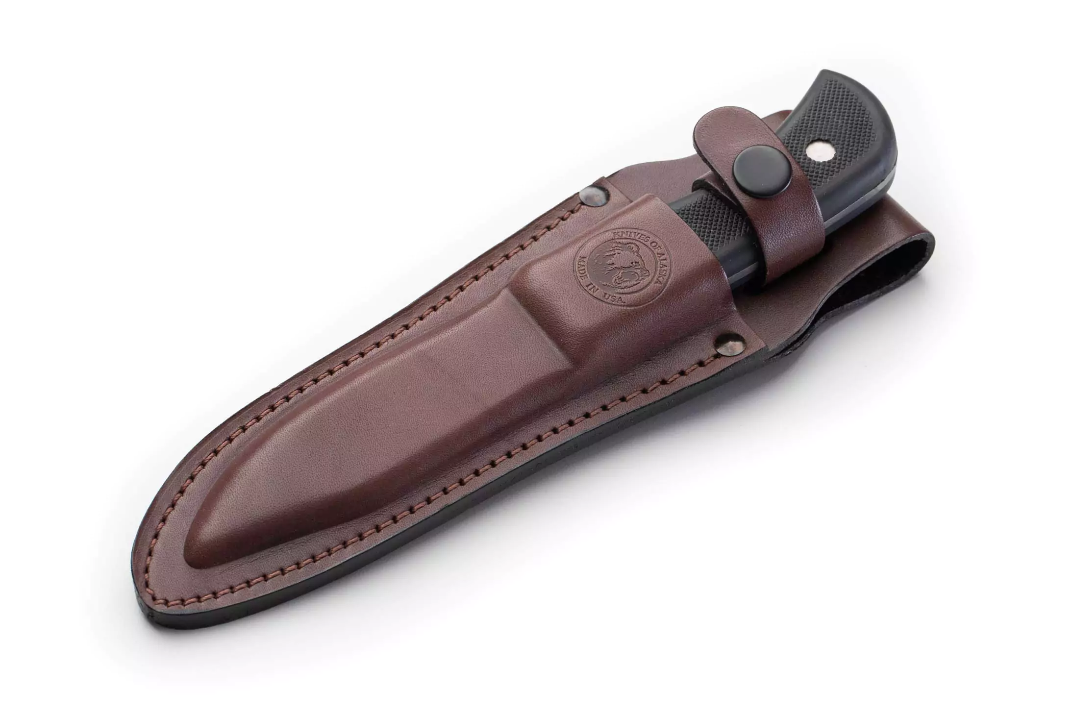 Knives of Alaska Classic Hunter knife with Suregrip handle secured in branded leather sheath