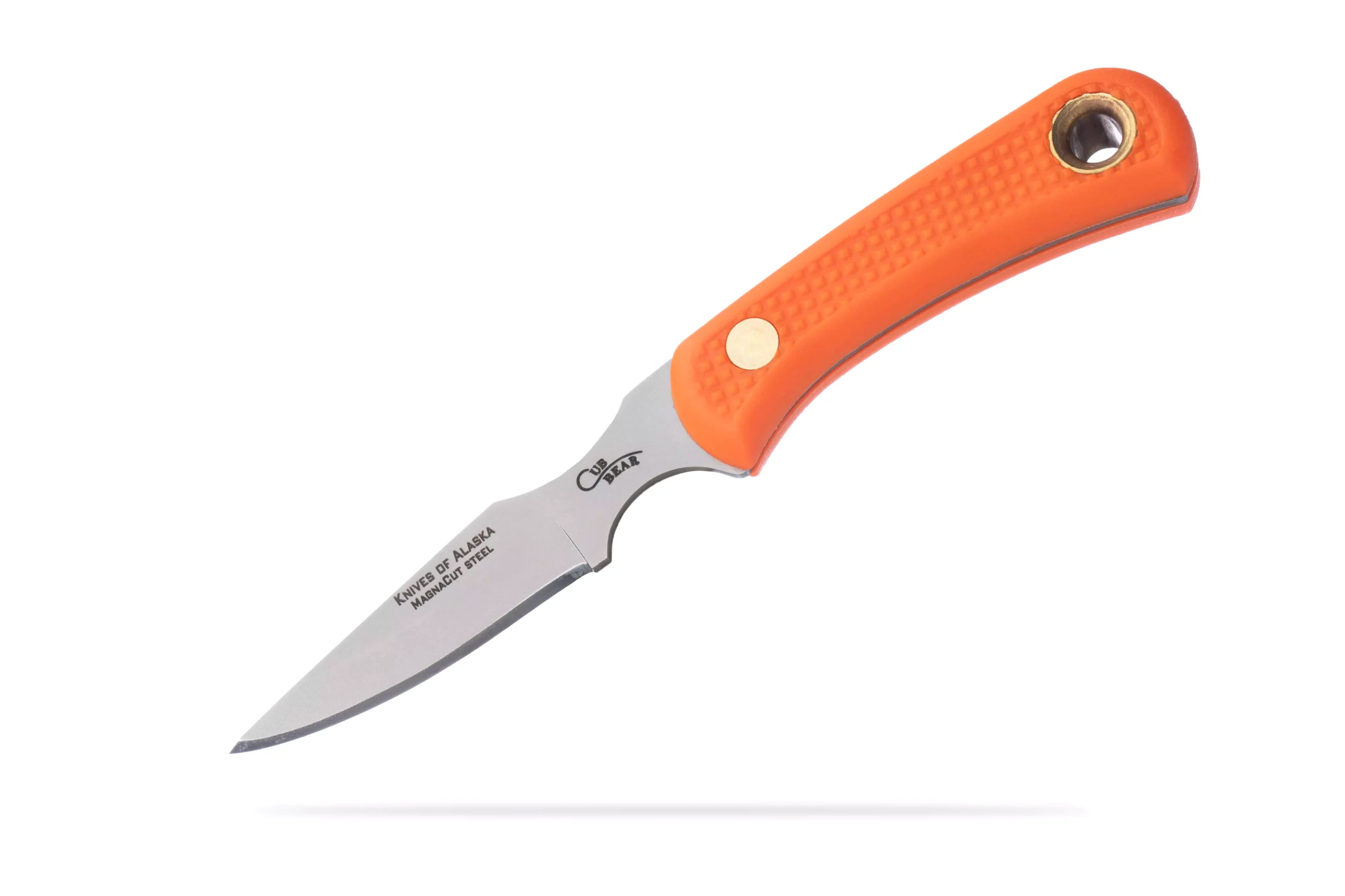 Knives of Alaska Cub Bear caping knife with Magnacut steel blade and orange Suregrip handle