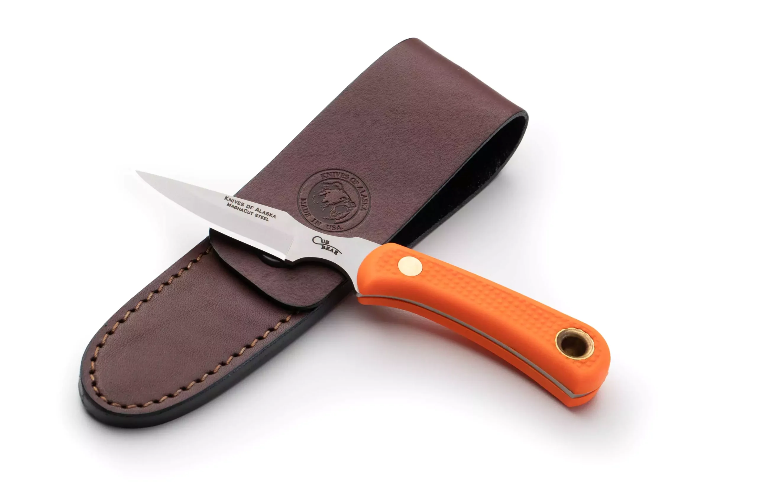 Knives of Alaska Cub Bear knife with orange Suregrip handle and Magnacut steel blade in leather sheath