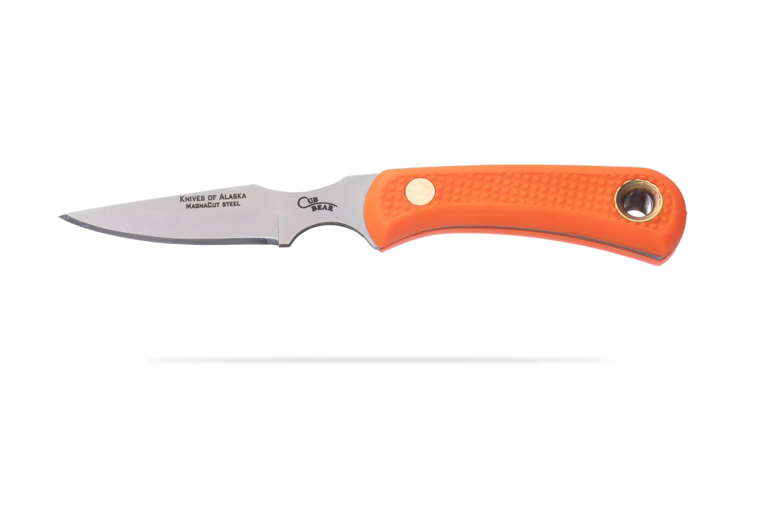 Cub Bear knife with Magnacut blade and orange Suregrip handle from Knives of Alaska.