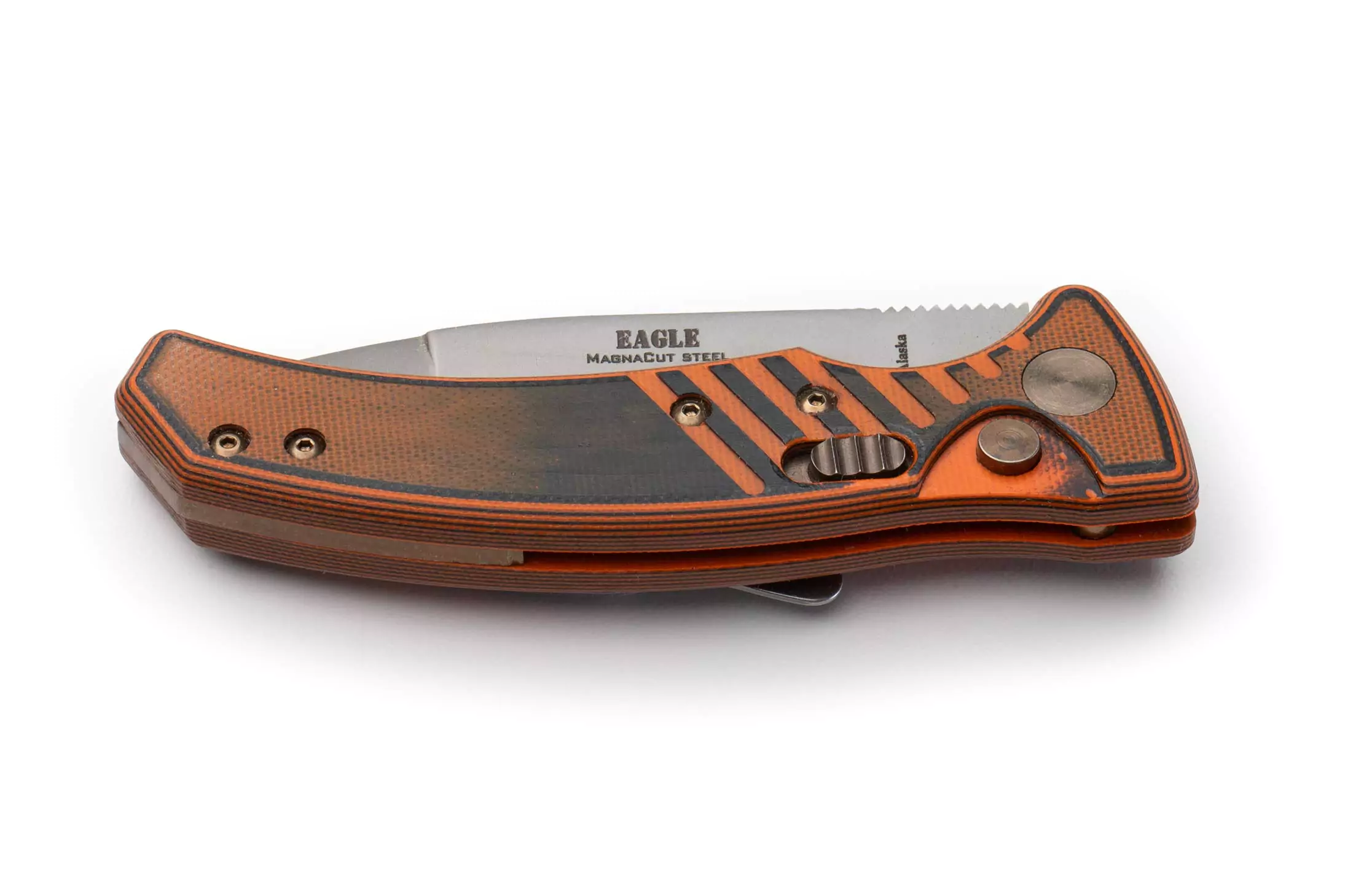Eagle Auto folding knife with Magnacut steel blade and orange G10 handle by Knives of Alaska.