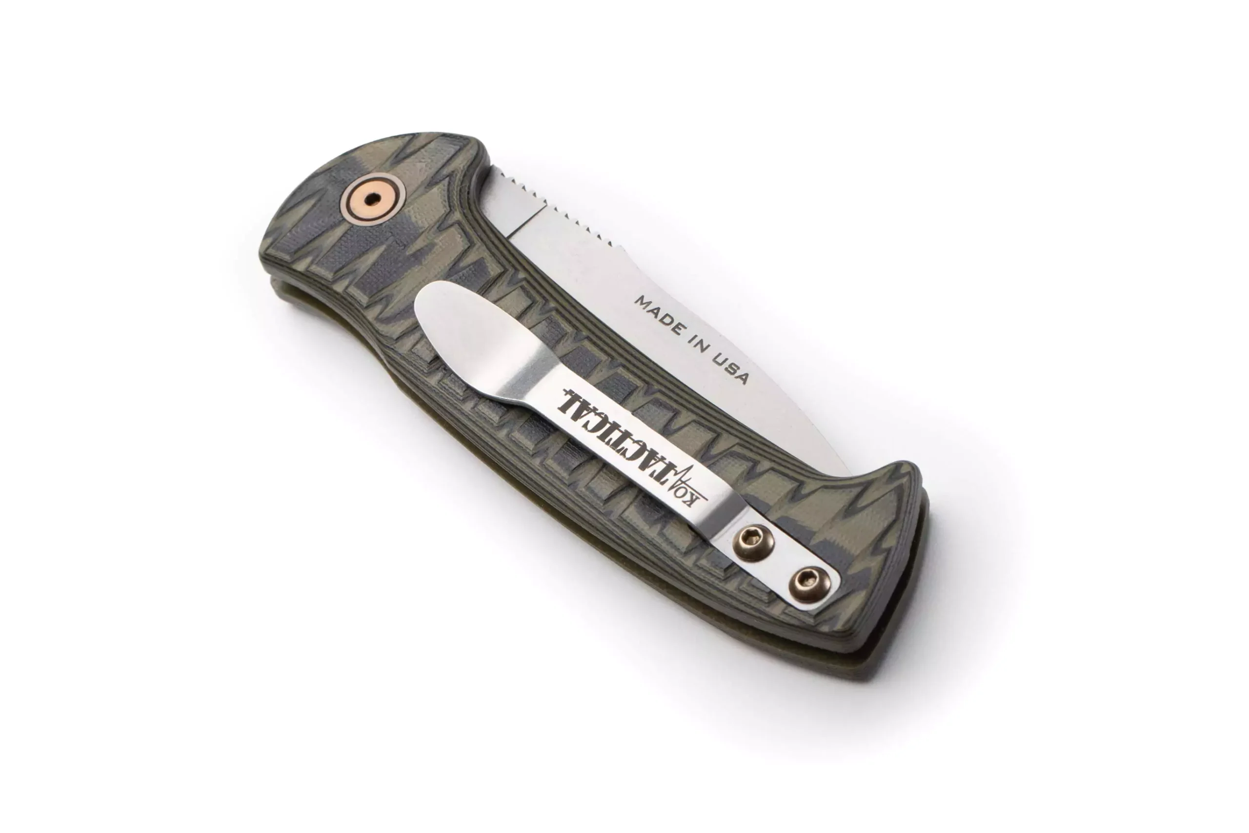 Knives of Alaska Strike Force Auto knife with open, non-serrated Magnacut steel blade and OD green G10 handle featuring textured pattern and bronze hardware.