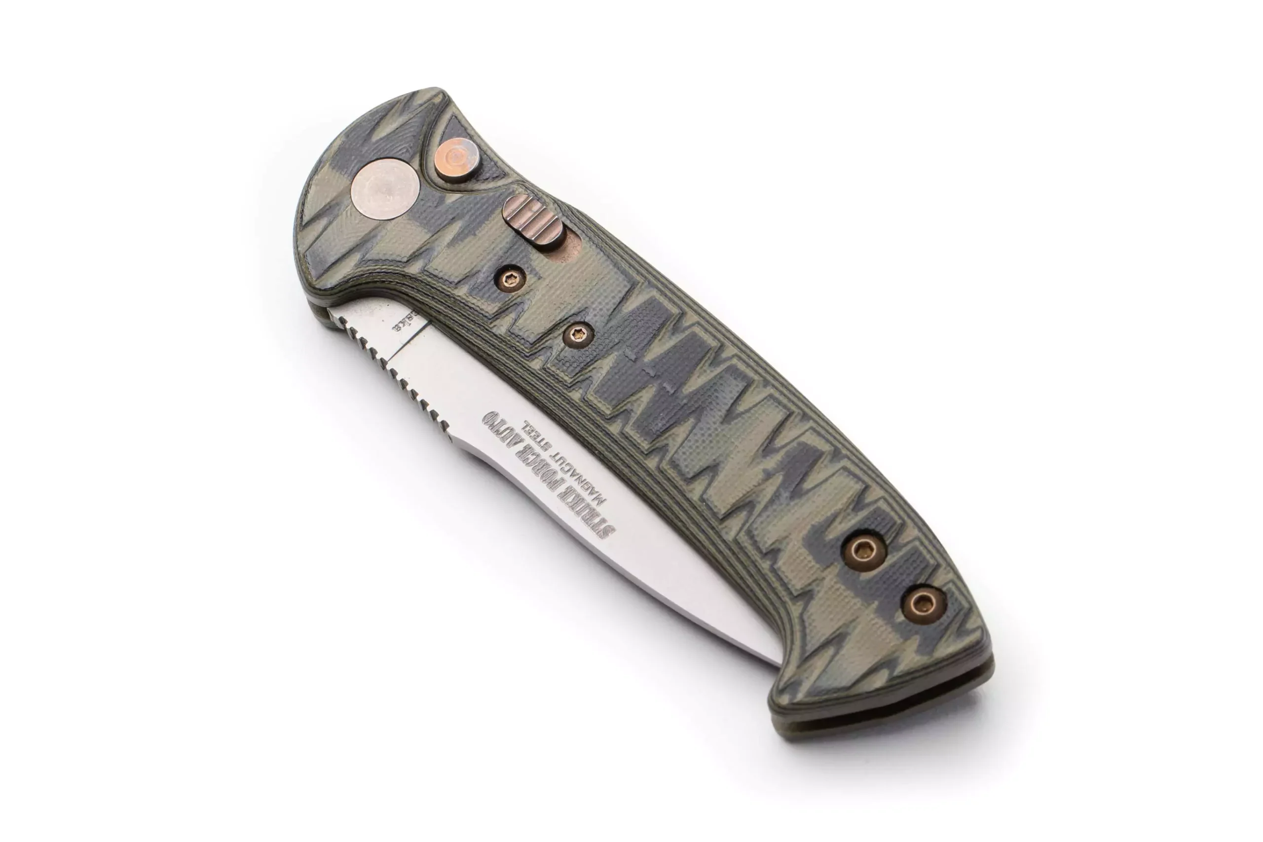Knives of Alaska Strike Force Auto knife shown closed, featuring a patterned OD green G10 grip, bronze hardware, and non-serrated Magnacut steel blade partially visible.