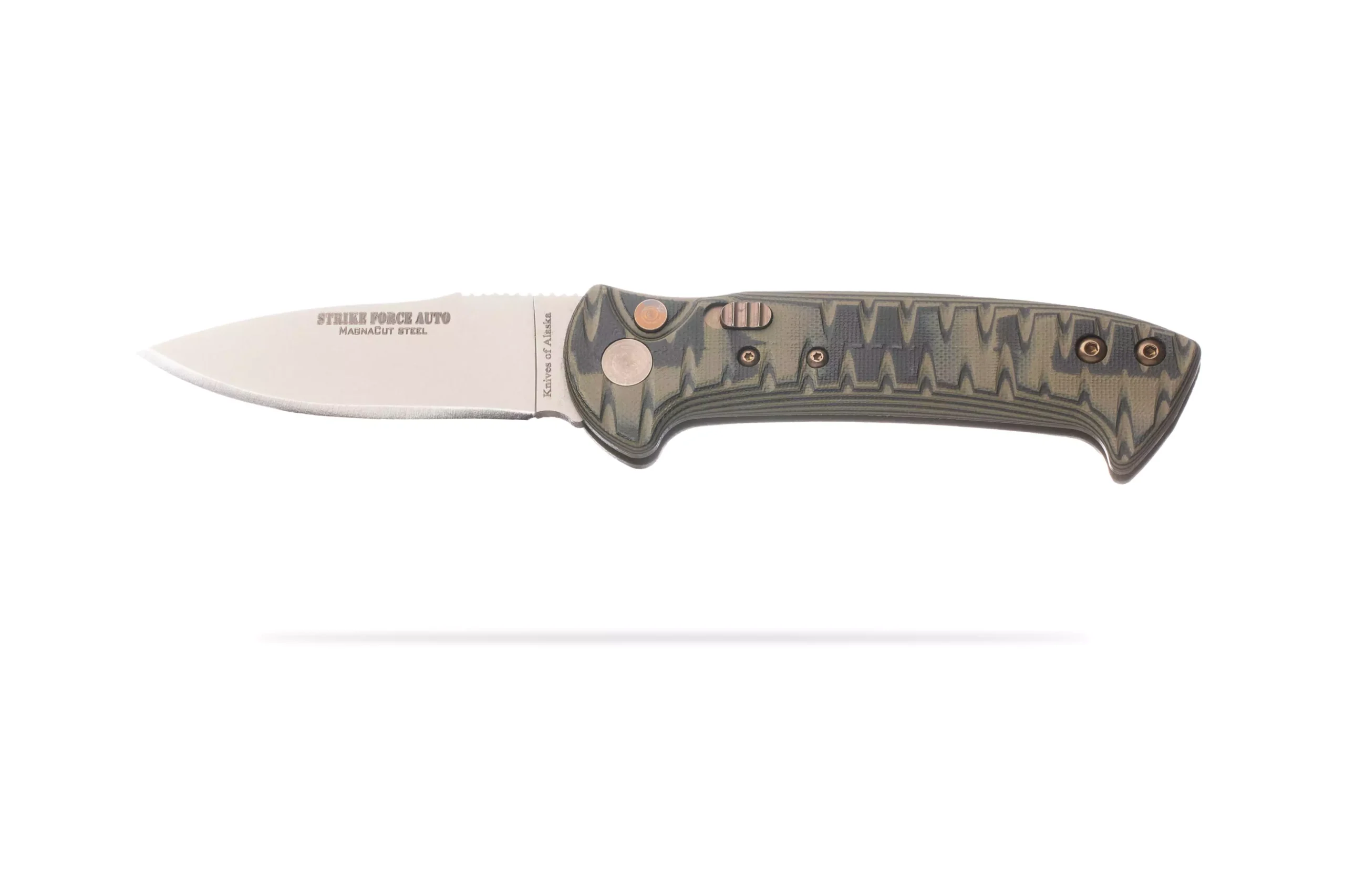 Knives of Alaska Strike Force Auto knife with a non-serrated Magnacut steel blade and OD green G10 handle, shown open.