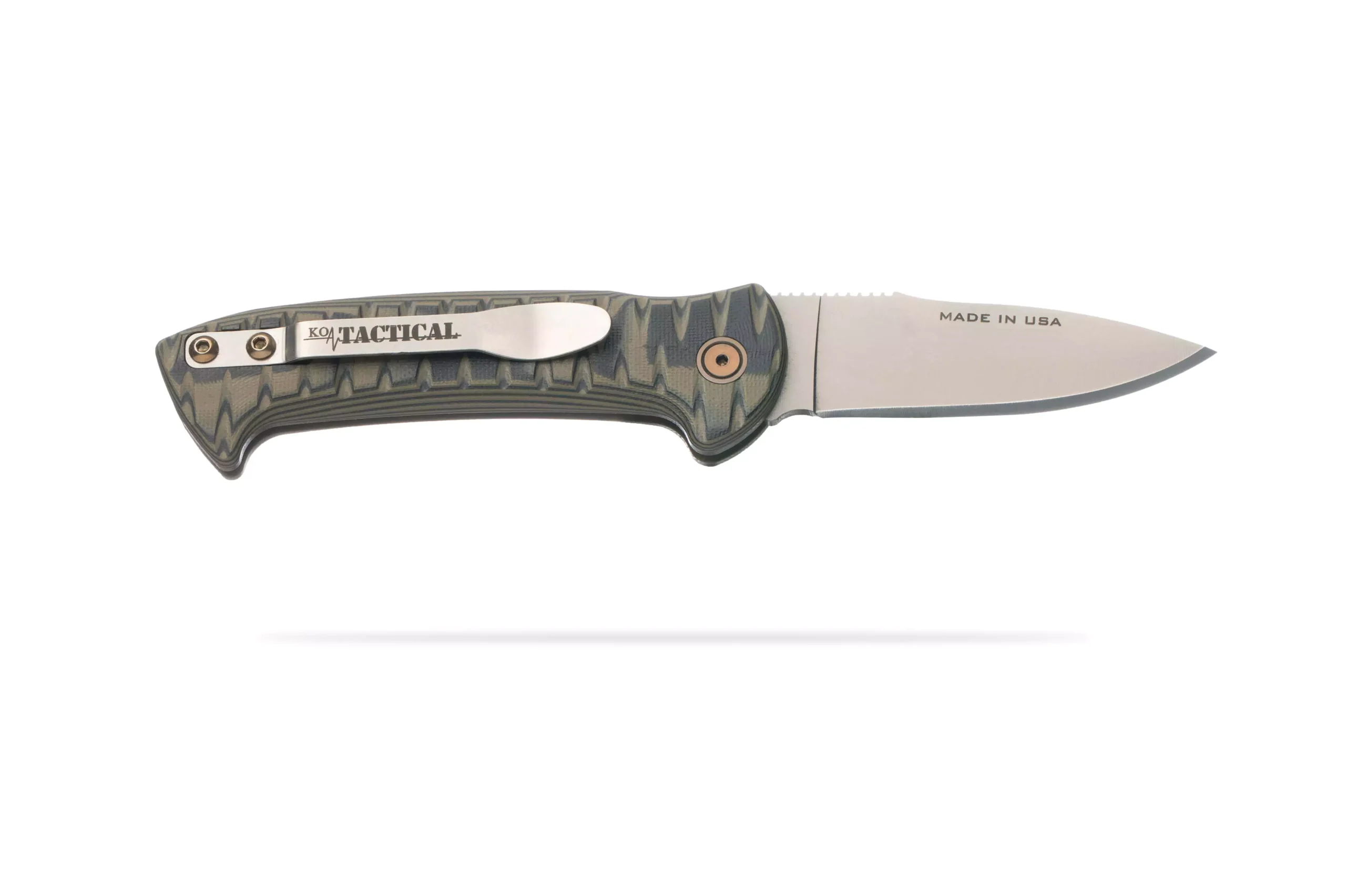 Knives of Alaska Strike Force Auto knife with a non-serrated Magnacut steel blade and OD green G10 handle, shown open with a tactical pocket clip.