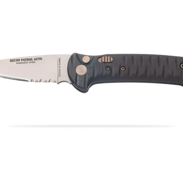 Knives of Alaska Recon Patrol Auto knife in open position with partially serrated Magnacut steel blade and textured black G10 Suregrip handle.