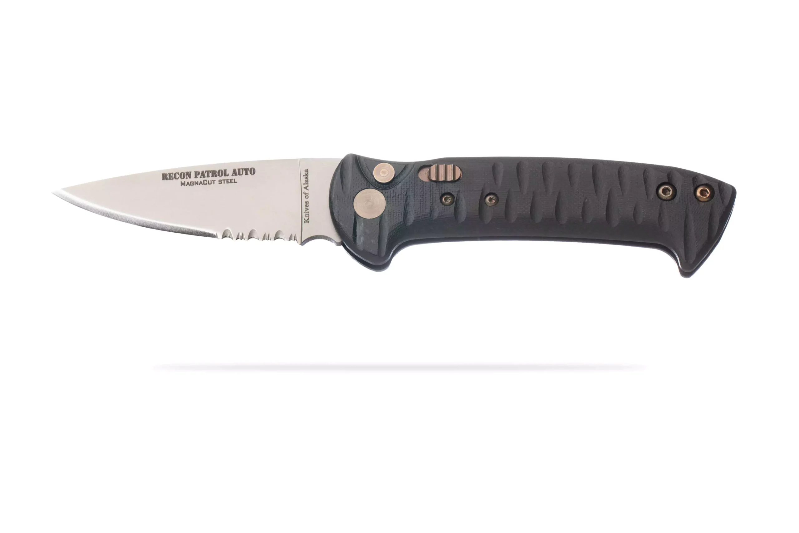Knives of Alaska Recon Patrol Auto knife in open position with partially serrated Magnacut steel blade and textured black G10 Suregrip handle.