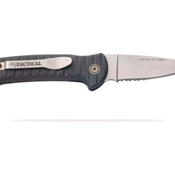 Knives of Alaska Recon Patrol Auto knife in open position with partially serrated Magnacut steel blade and textured black G10 Suregrip handle.