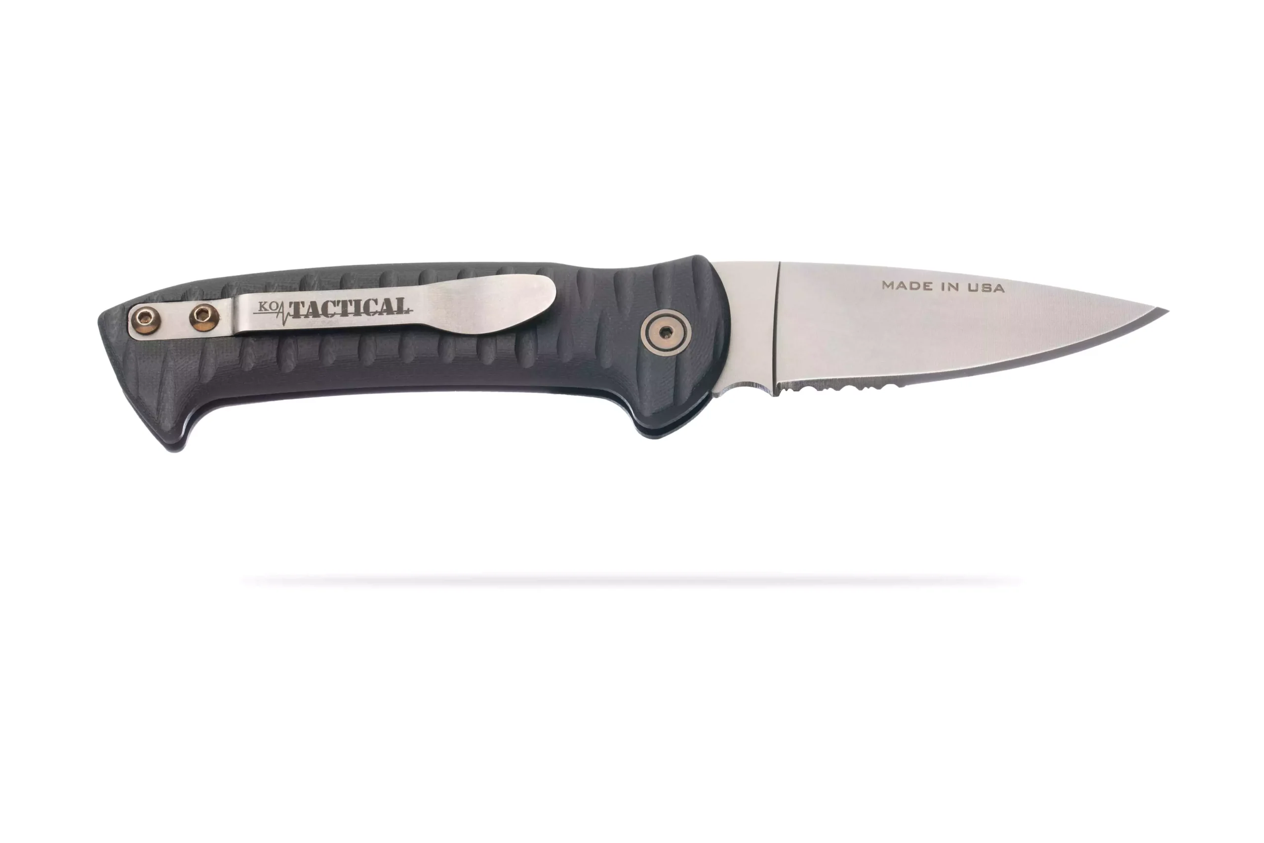 Knives of Alaska Recon Patrol Auto knife in open position with partially serrated Magnacut steel blade and textured black G10 Suregrip handle.