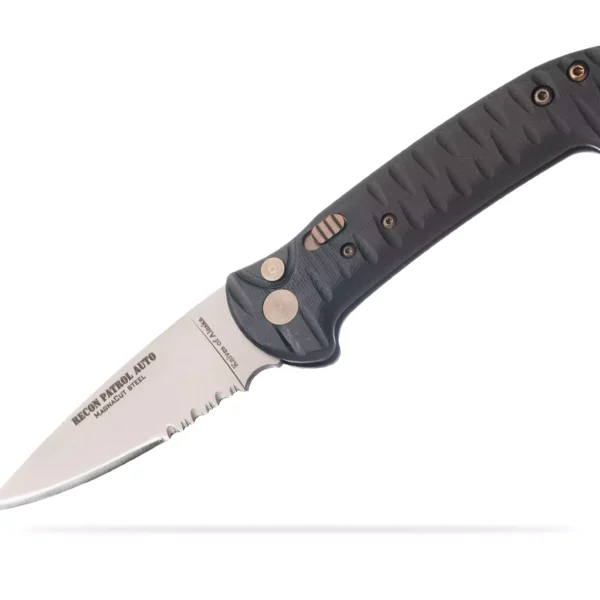 Knives of Alaska Recon Patrol Auto knife in open position with partially serrated Magnacut steel blade and textured black G10 Suregrip handle.