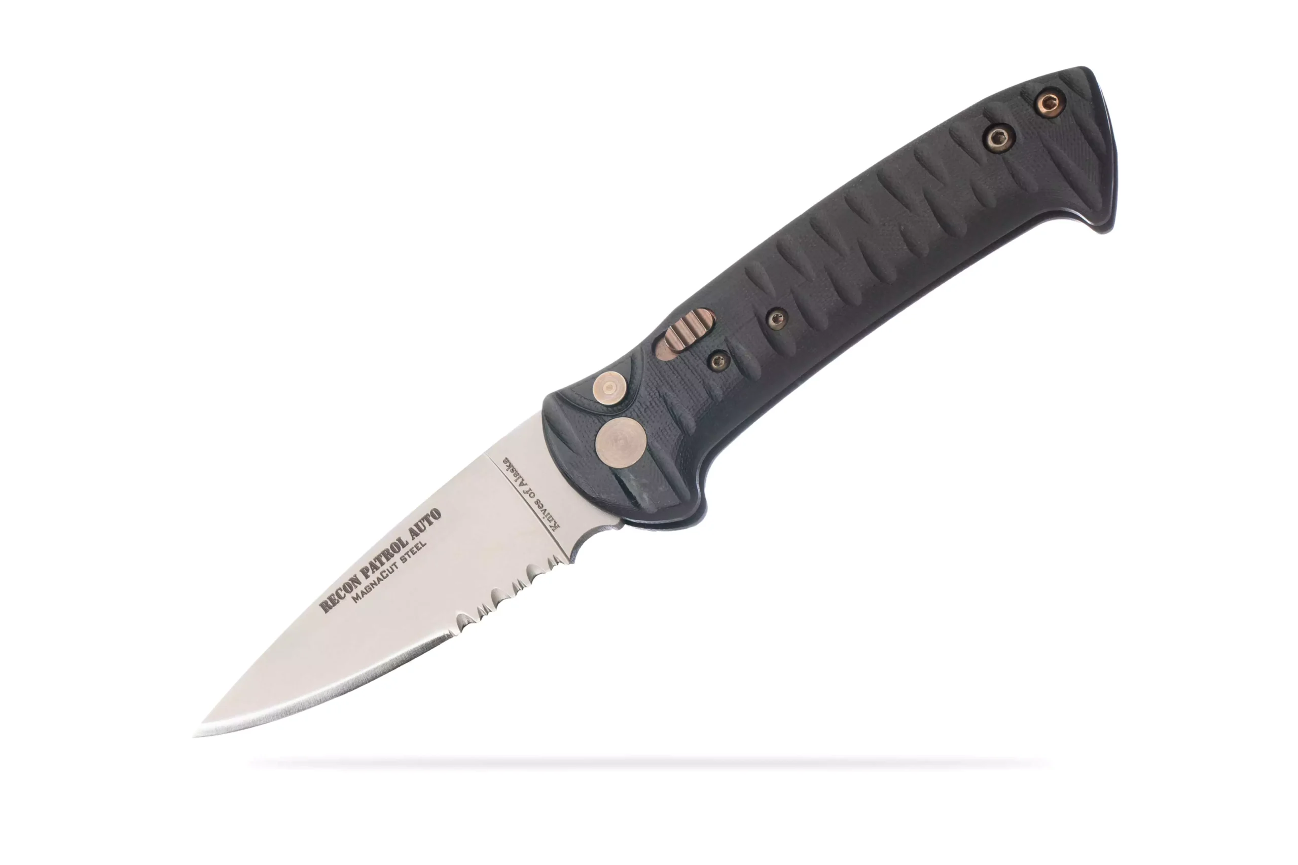 Knives of Alaska Recon Patrol Auto knife in open position with partially serrated Magnacut steel blade and textured black G10 Suregrip handle.