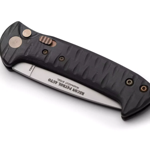 Knives of Alaska Recon Patrol Auto knife in closed position, featuring a black G10 Suregrip handle and partially visible Magnacut steel blade.