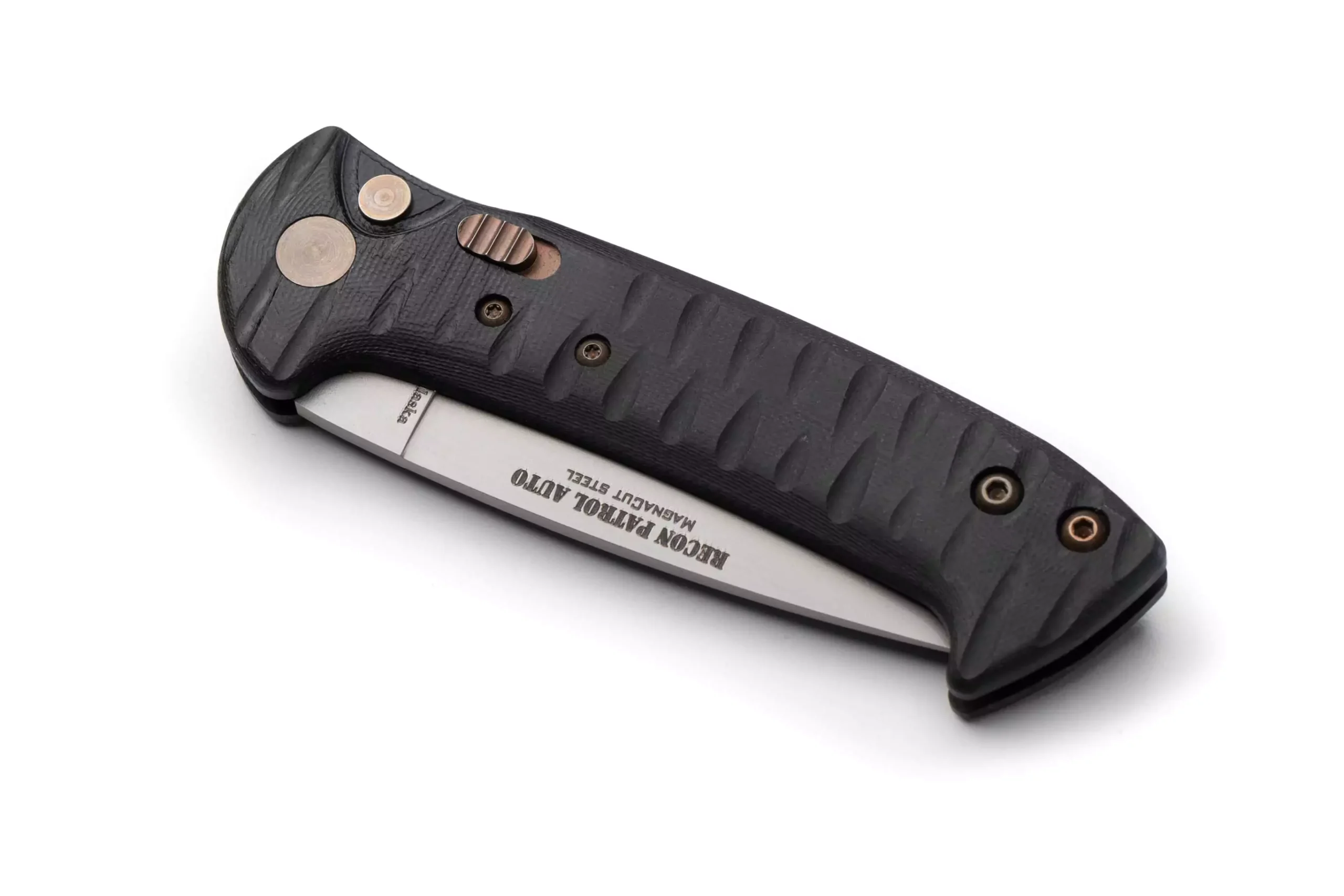 Knives of Alaska Recon Patrol Auto knife in open position with partially serrated Magnacut steel blade and textured black G10 Suregrip handle.