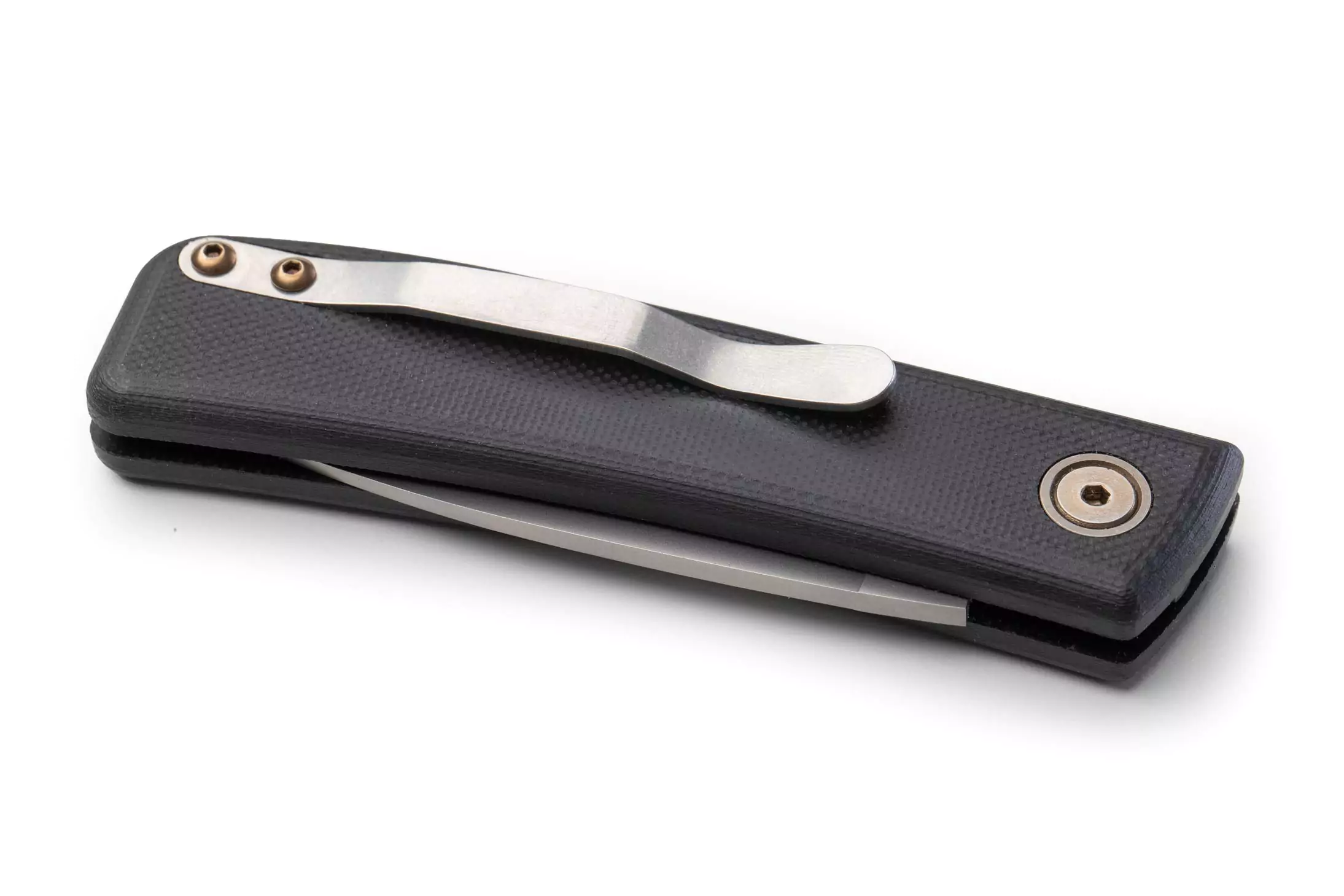 Knives of Alaska Onyx Auto knife with Magnacut steel blade, black G10 handle, and bronze push-button hardware in the open position