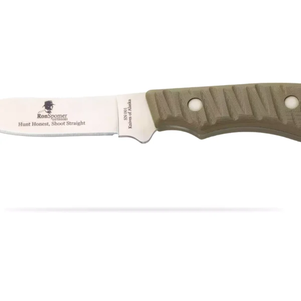 The Classic Hunter drop point hunting knife customized for Ron Spomer, featuring a textured green handle and engraved blade reading "Hunt Honest, Shoot Straight."