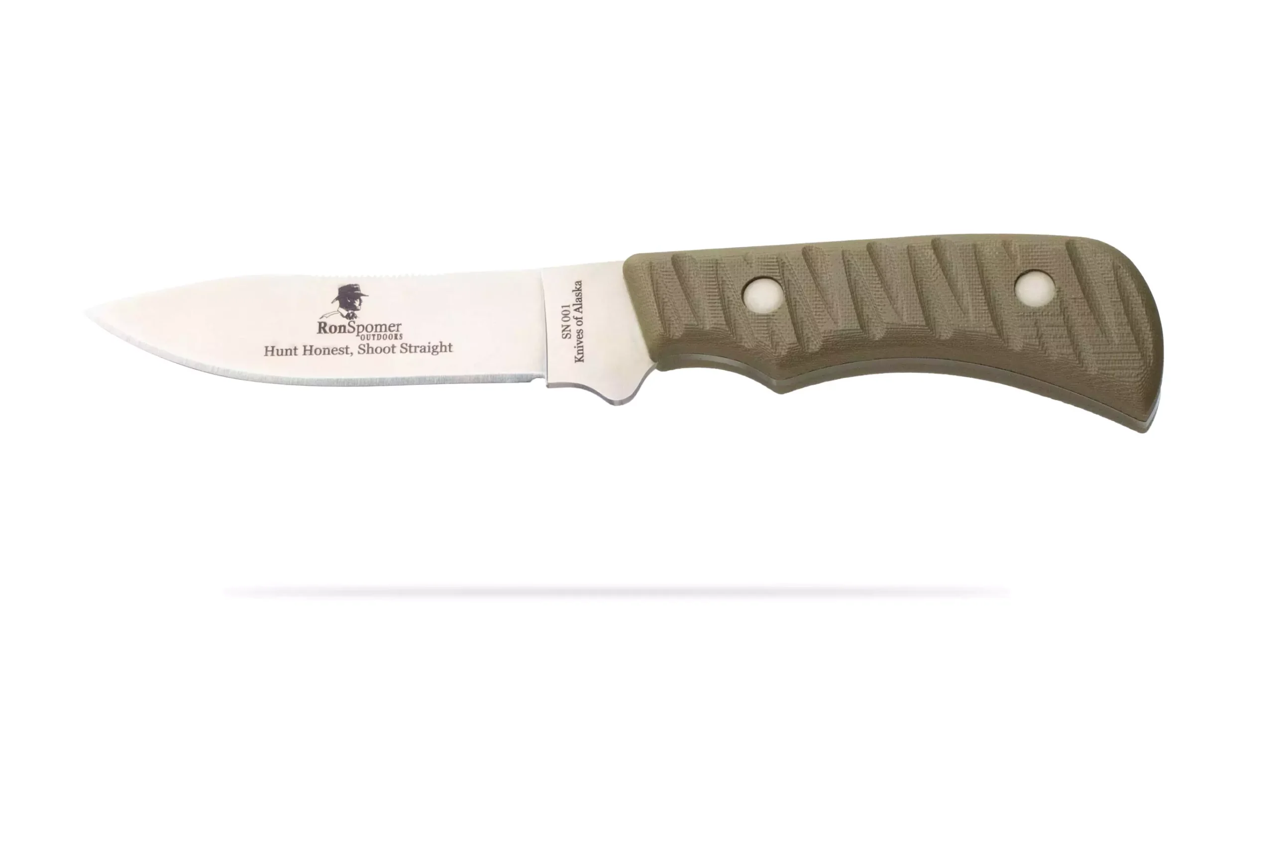 The Classic Hunter drop point hunting knife customized for Ron Spomer, featuring a textured green handle and engraved blade reading "Hunt Honest, Shoot Straight."