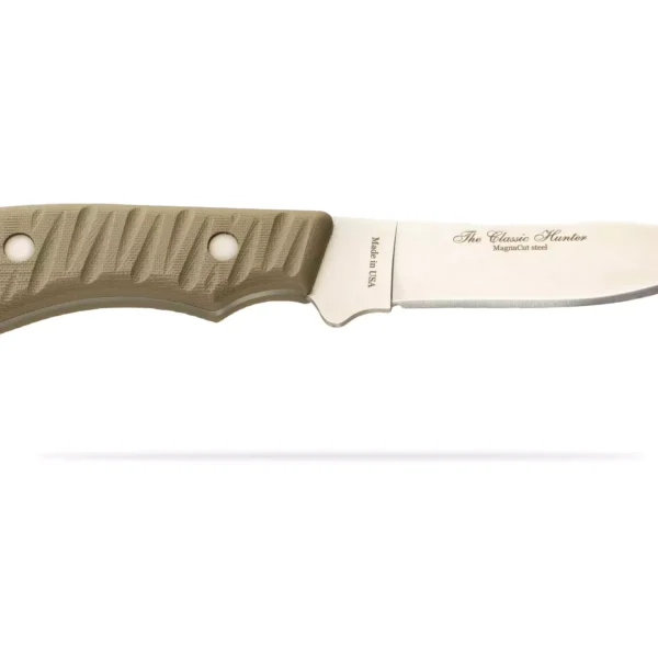 The Classic Hunter drop point hunting knife customized for Ron Spomer, featuring a textured green handle and engraved blade reading "Hunt Honest, Shoot Straight."