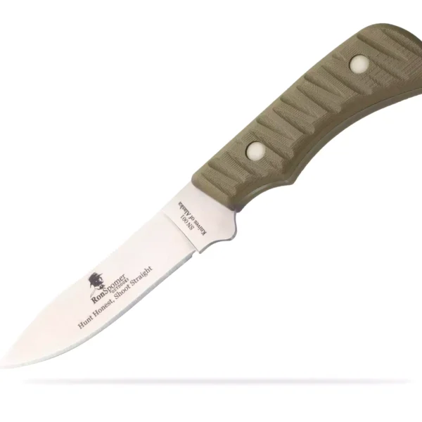The Classic Hunter drop point hunting knife customized for Ron Spomer, featuring a textured green handle and engraved blade reading "Hunt Honest, Shoot Straight."