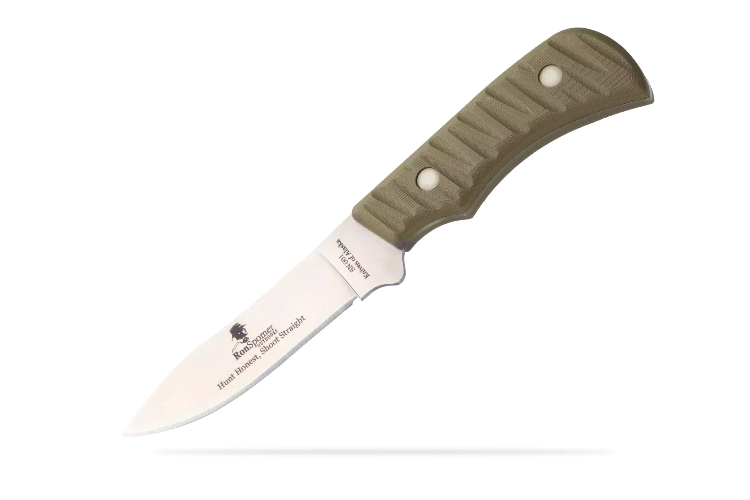 The Classic Hunter drop point hunting knife customized for Ron Spomer, featuring a textured green handle and engraved blade reading "Hunt Honest, Shoot Straight."
