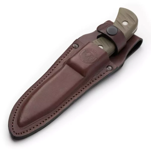 The Classic Hunter drop point hunting knife customized for Ron Spomer, shown partially sheathed in a premium brown leather case with snap closure.