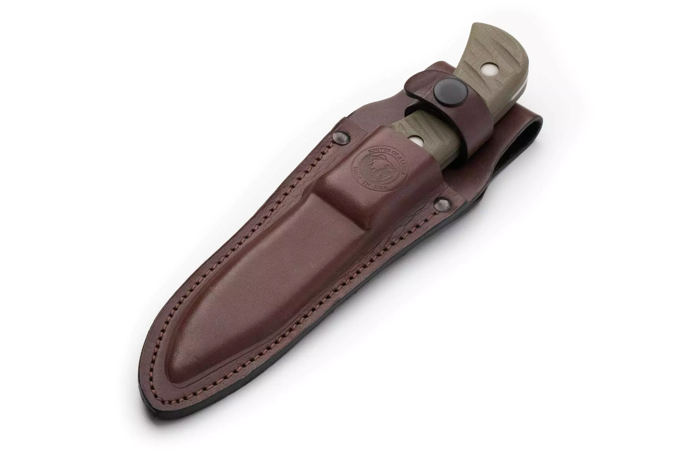 The Classic Hunter drop point hunting knife customized for Ron Spomer, shown partially sheathed in a premium brown leather case with snap closure.